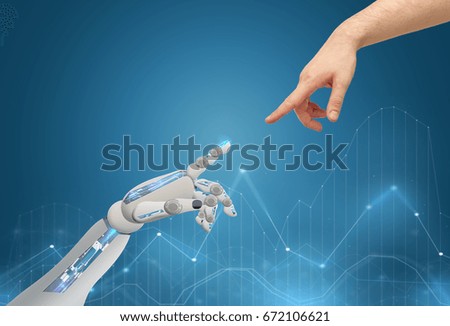 science, future technology and progress concept - human and robot hands reaching to each other
