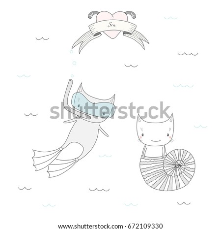 Hand drawn vector illustration of two cute little cats under water, in a sea shell and in swim fins and scuba mask, heart and text Sea. Isolated objects on white background. Design concept for kids.