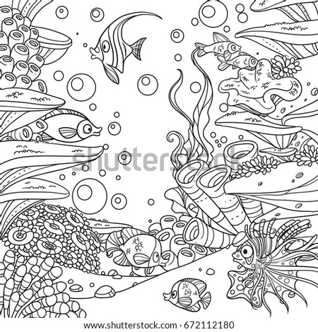 Underwater world with corals, seaweed, anemones and fishes outlined isolated on white background