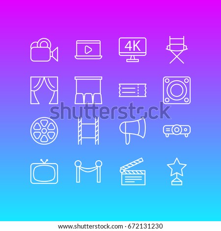 Vector Illustration Of 16 Film Icons. Editable Pack Of Slideshow, Theater, Hall And Other Elements.