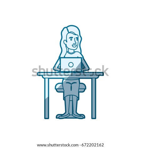 blue color silhouette shading of woman with long wavy hair and sitting in chair in desk with laptop device vector illustration