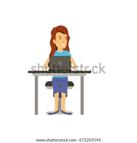 colorful silhouette of woman with long wavy hair and sitting in chair in desk with tablet device vector illustration