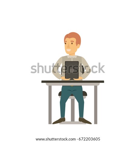 colorful silhouette of man in casual clothes and reddish hair and sitting in chair in desk with tablet device vector illustration