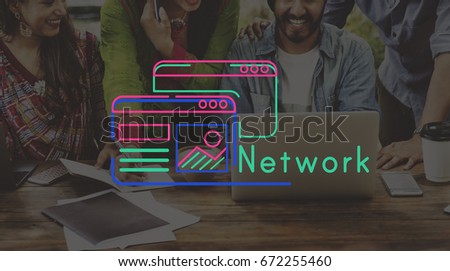Group of workers working on laptop network graphic 