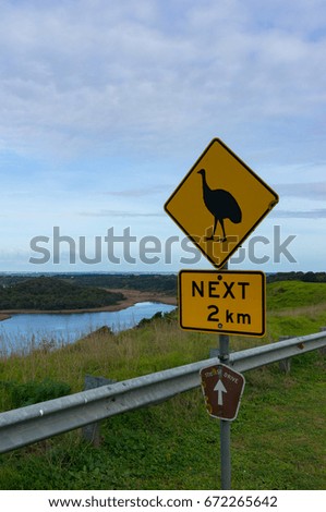Warning road sign with emu bird against landscape on the background