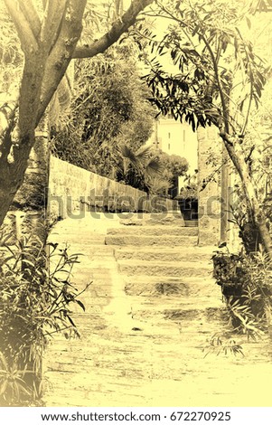 Area of old restored Jaffa in Israel. Ancient stone stairs in Arabic style in Old Jaffa, Tel Aviv. Vintage style toned picture