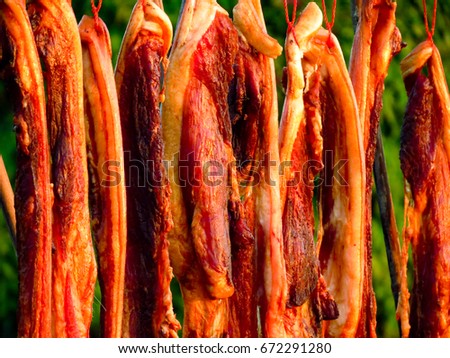 Chinese bacon in Chinese village. Close-up image showing the pattern.