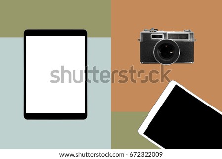 Flat lay vintage camera with retro color background 