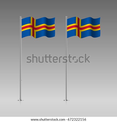 Aland Islands flag on the flagpole. Official colors and proportion correctly. High detailed vector illustration. 3d and isometry. EPS10