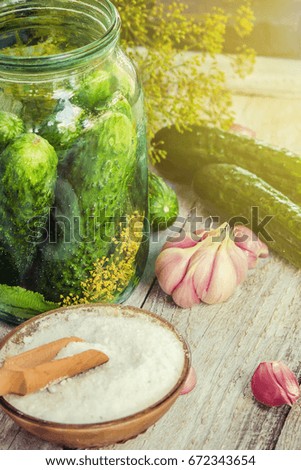 Preparation for pickling cucumbers. Preservation. Selective focus. 