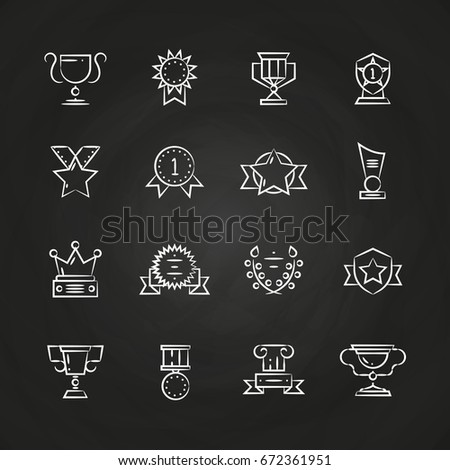Trophy prizes, awards icons chalkboard. Achievement and victory, vector illustration