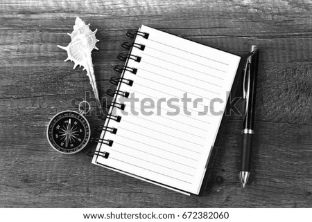 Travel and vacation background with items on wooden with copy space, Travel concept black and white background.