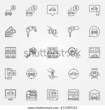 Buying a car icons set - vector car dealership concept symbols or automotive business design elements in thin line style Royalty-Free Stock Photo #672384325