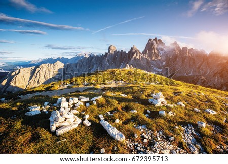 Stunning image of alpine rocky ridge. Location National Park Tre Cime di Lavaredo, Dolomiti, South Tyrol, Italy, Europe. Picturesque day and gorgeous picture. Explore the world's beauty and wildlife.