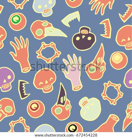 Seamless infinite background with scull bones and eyes - Halloween stuff - Pattern for greeting cards, packing, cards, packets, flyers