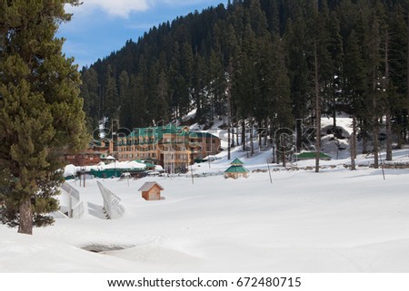 Village in the middle of Himalaya mountains at dusk (Gulmarg, Kashmir, India)