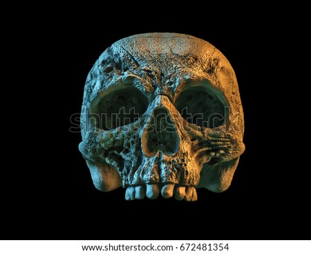 Human Scary Skull Locally Deformed in Rich colors in to the Black Background. Concept of death, horror. Spooky halloween symbol. Illustration of 3D rendering.
