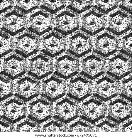 Honeycomb background. 3D mosaic. Black and white grainy dotwork design. Pointillism pattern. Stippled vector illustration.