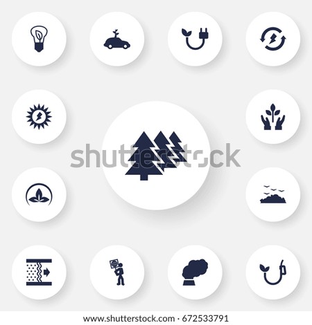 Set Of 13 Bio Icons Set.Collection Of Car, Rubbish, Eco And Other Elements.
