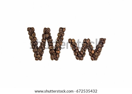 letter W made of coffee beans on a white background. Latin alphabet. Stylized letters. Letters for banners and advertising