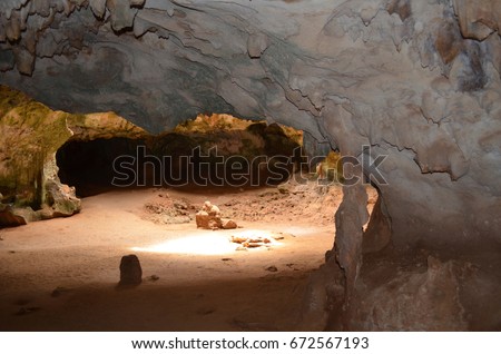Cavern in Quadirikiri cave in Aruba's Arikok National Park. Royalty-Free Stock Photo #672567193