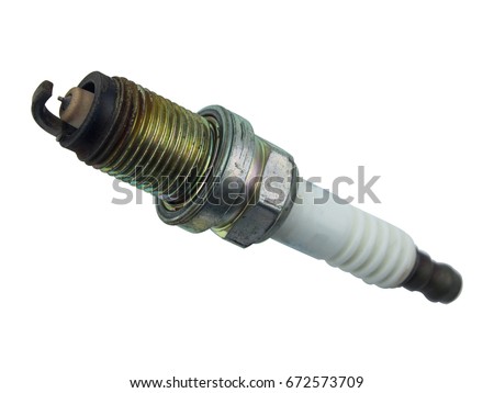 car spark plug used for ignition, Spark plug after use, isolate on white background, made form steel, ceramic, aluminum, selective focus ignition.