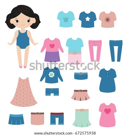 Paper doll with clothing set on white background.