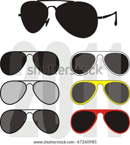 Vector isolated illustration - collection fashionable classical and sport glasses, different colors frames and UV - protection of lenses. Trend 2011