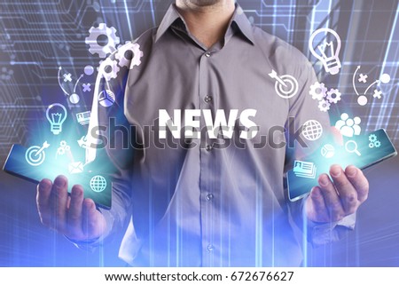 Business, Technology, Internet and network concept. Young businessman working on a virtual screen of the future and sees the inscription: News