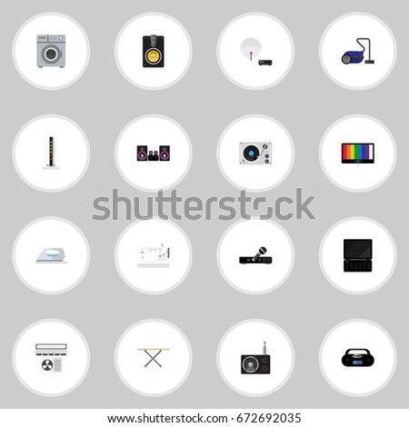 Set Of 16 Editable Tech Icons. Includes Symbols Such As Microphone, Cloth Iron, Sewing Machine And More. Can Be Used For Web, Mobile, UI And Infographic Design.