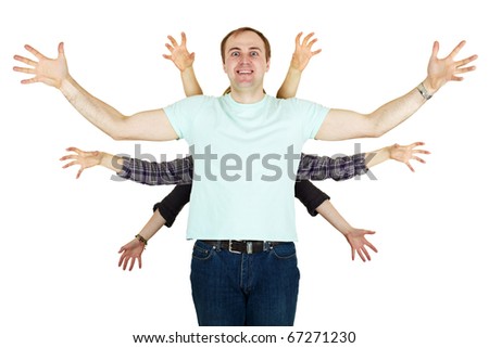 Cheerful people represent the multiarmed monster on a white background