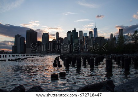Lower Manhattan and East river before sunset