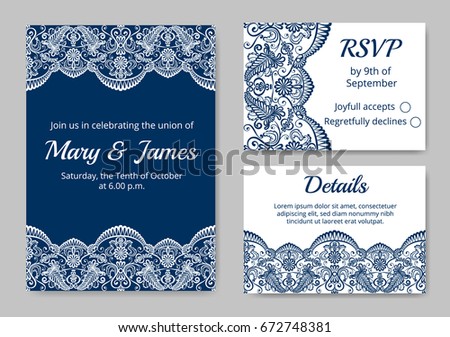 Template of wedding cards with lace border on blue and white background