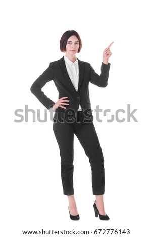 Portrait of a successful happy businesswoman. Smiling business woman wearing office suit. Occupation, career. Full length image of young and slim business woman isolated on a white background.