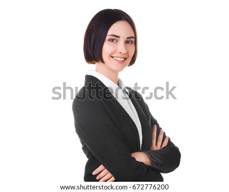 Amazing and beautiful young businesswoman with arms crossed isolated on white background.  A successful young business woman. Occupation, career, job concept.