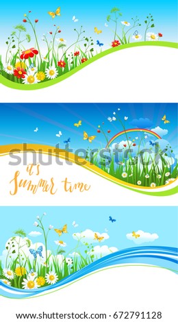 Summer or spring template for design banner, ticket, leaflet, card, poster and so on. Green grass and flowers scenery.