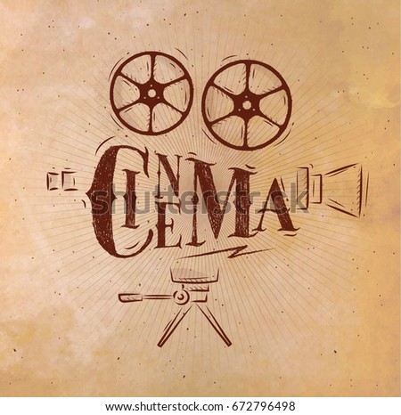 Poster movie camera lettering cinema in retro style drawing with craft
