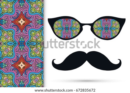 Retro hipster ornate sunglasses, mustaches with seamless hand drawn pattern. Isolated elements for textile fabric or paper print, invitation, business card design. Cat Eye style glasses doodle eyewear