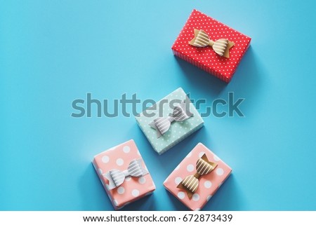Top view of Gift boxes over blue background color,copy space 