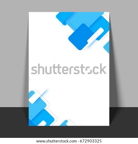 Flyer design with abstract geometric elements in white and sky blue colors.
