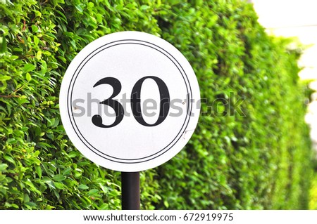 30 miles per hour mph road speed sign close up tree background
