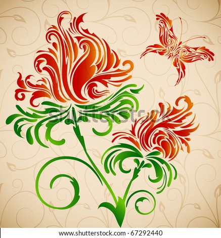 Ornate flowers and butterfly on the seamless swirls background. Vector eps10.
