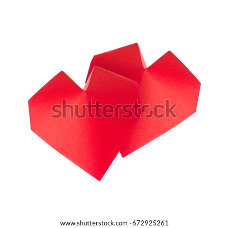 Red 3d hearts of origami, isolated on white background.