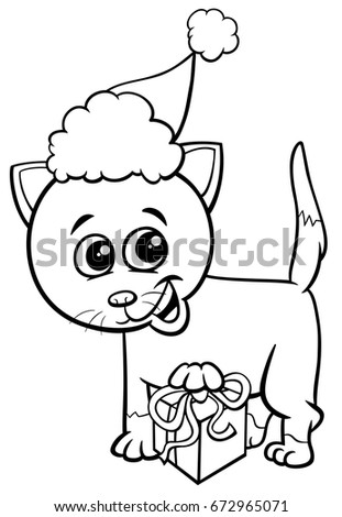 Black and White Cartoon Vector Illustration of Kitten Animal Character with Present on Christmas Time Coloring Book