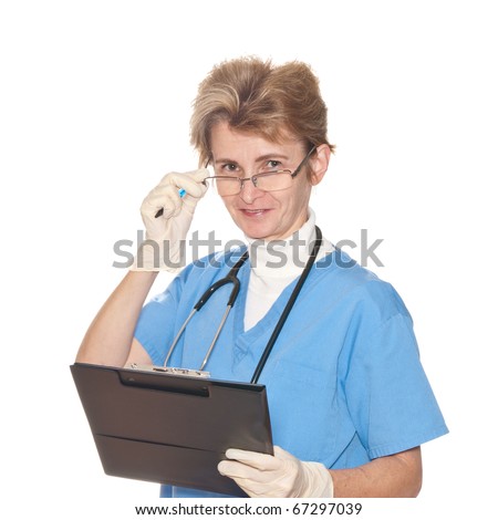 a female medical person with board isolated on white.