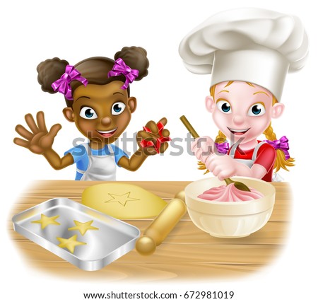 Cartoon girls, one black one white, dressed as chefs or bakers baking cakes and cookies