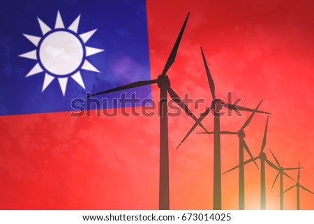 Wind turbines on the background of the flag Taiwan
