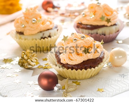 Chocolate muffins with christmas decoration