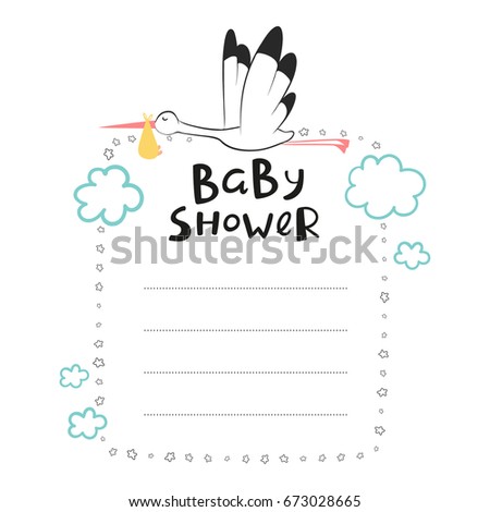 baby shower invitation card with stork, carrying baby - vector illustration
