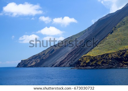 Fascinating view of cold lava flows at the wes tside of Stromboli volcano. The volcano stromboli belongs to the aeolian islands. The Stromboli is one of the most active volcanoes in the world.